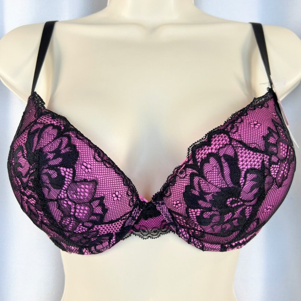 VS Bombshell Inspired Adds 2 Cups Ultimate Pushup Bra 32B Black Pink Lace - Picture 2 of 6